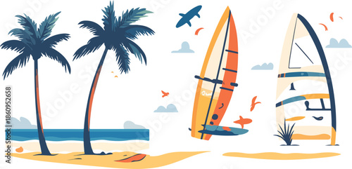 Vector illustration of a tropical paradise beach landscape featuring palm trees and a surfboard on the sand by the blue summer ocean wave under a sunny sky for holiday travel design