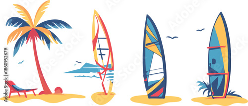 Vintage tropical summer vacation design featuring a pattern of colorful surfboards on a sandy beach with vector sea waves and sun for a hawaii travel illustration