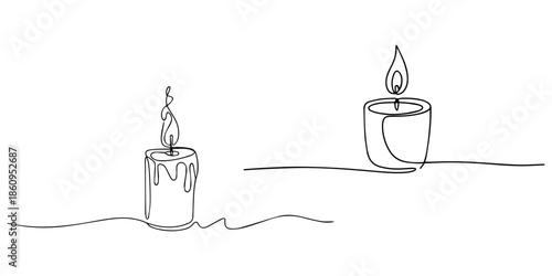 Candle light continuous one line drawing, One line drawing of a candle with flame blending into a swirl, minimalist continuous single line art in black on white, drawing of two burning candles with me
