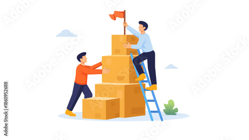 Two people collaborating, building steps to reach a flag at the top of a stack of boxes