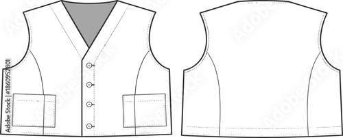 Utility workwear vest technical flat vector illustration, front and back view, button closure, patch pockets, apparel CAD drawing