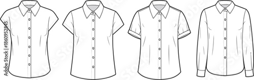 Women shirt collection technical flat vector illustration, multiple sleeve styles, button front blouses, fashion apparel CAD drawing set, templates, mockups