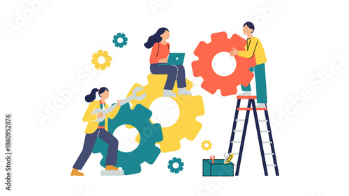 Business people working together to connect gears, symbolizing teamwork and operational efficiency