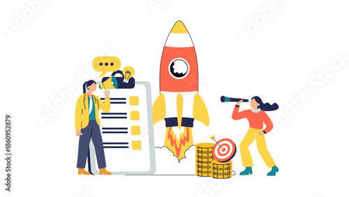 People collaborating on a business startup plan, launching a rocket toward goals and success