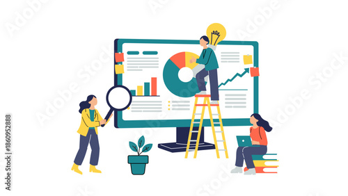 Business team collaborating on data analytics, marketing research, and strategic innovation