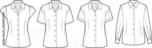 Women shirt collection technical flat vector illustration, multiple sleeve styles, button front designs, fashion apparel CAD drawing set