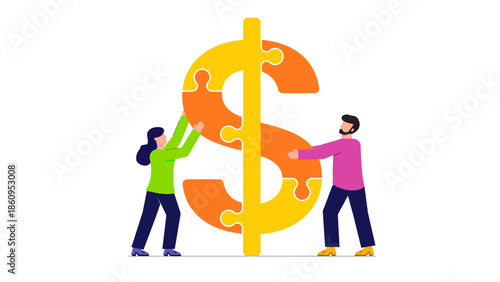 Two business people working together assembling a dollar sign puzzle representing financial success