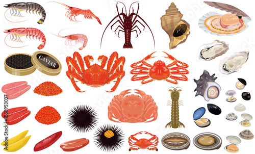 魚介類のイラスト・アイコン③（蟹、海老、ホタテ、牡蠣、うに、いくら）