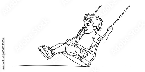 Continuous line art drawing of happy child playing on swing in park, minimalist outdoor fun vector illustration, One Line Drawing of Child on Swing. Minimalist Continuous Line Art of a little boy girl
