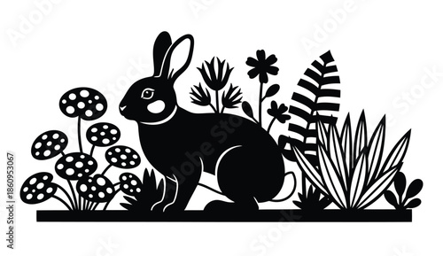 Black silhouette rabbit sitting among plants and mushrooms on white background