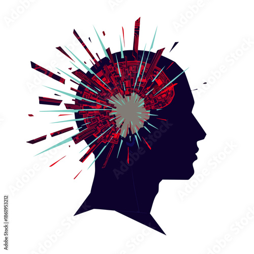 Abstract representation of a human head silhouette with an explosion of geometric shapes and lines emanating from the brain.