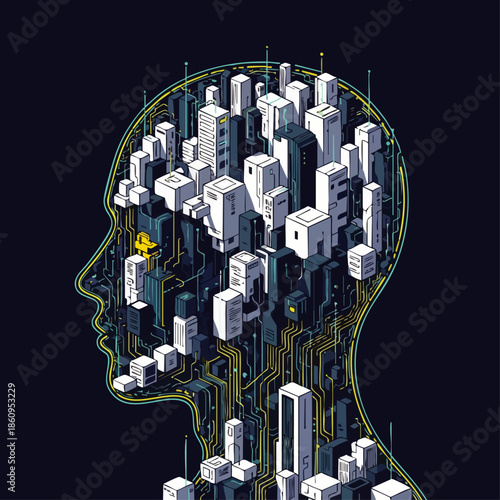 Abstract illustration of a human head profile filled with a futuristic cityscape and technological circuits representing complex thought.