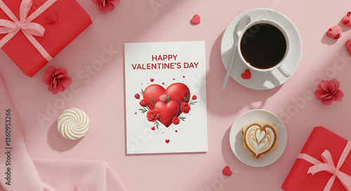 Valentine's day card with gifts coffee and cookie on pink background flat lay arrangement scene view ai generated