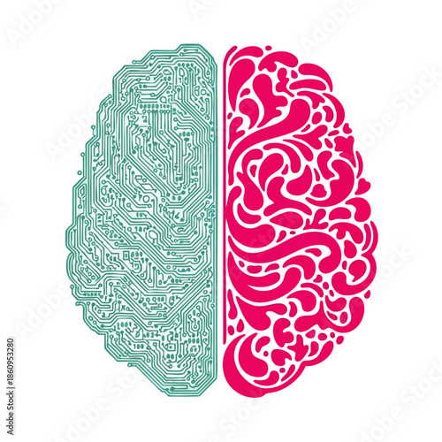 Split brain illustration showing logical circuits on one side and organic patterns on the other symbolizing duality.