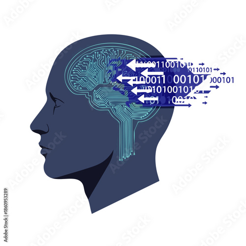 A stylized human head silhouette depicts a complex digital brain processing information and data, symbolizing artificial intelligence and technological advancement.