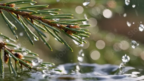 Close-up of green evergreen branch with water droplets, and water pouring in the background