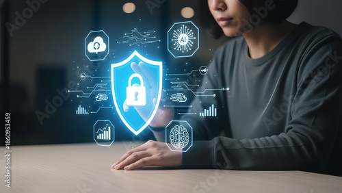 Person interacting with digital security shield and icons