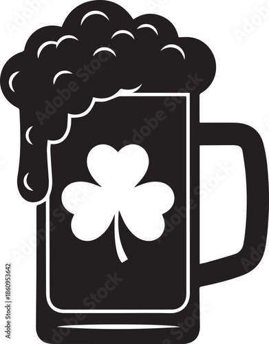 Black and white illustration of a frothy beer mug with a shamrock