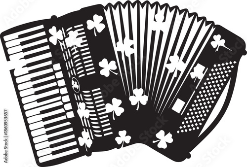 Black and white illustration of an accordion with shamrock designs