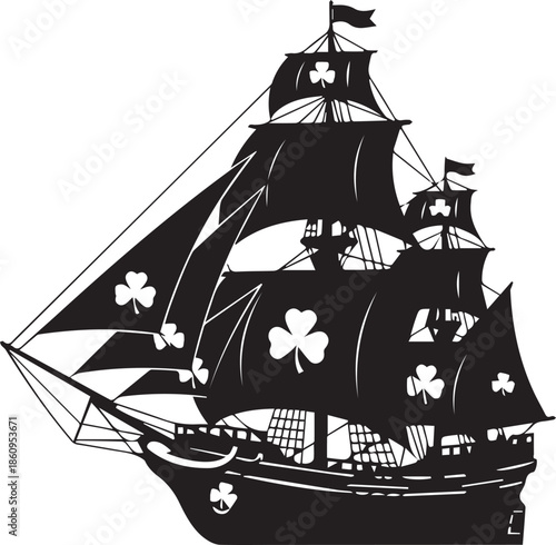 Black silhouette of a sailing ship with shamrock sails on a white background