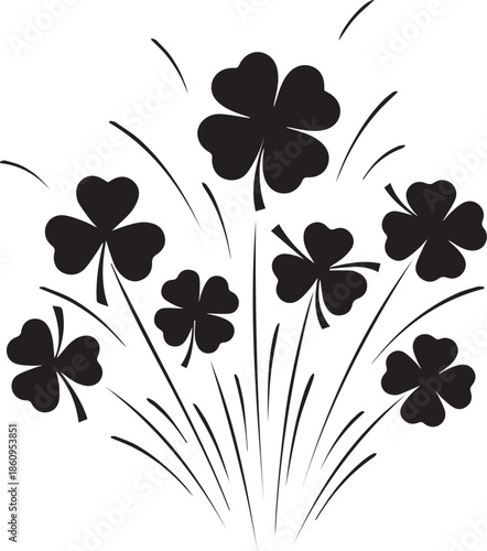 Black silhouette of a bunch of lucky four leaf clovers with sparkles