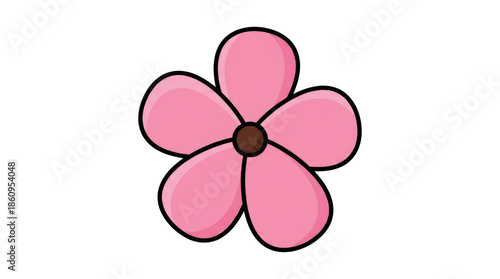 A simple pink flower with five petals and a brown center designed in a cartoonish style for cheerful decoration