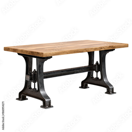 Rustic wooden table with cast iron industrial legs on black background