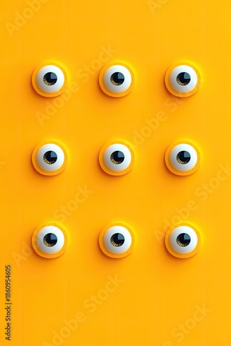 Nine wide eyes look out from a solid orange surface