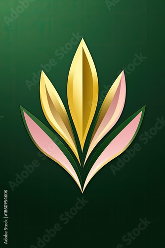 Stylized bloom; gold, pink petals on deep green