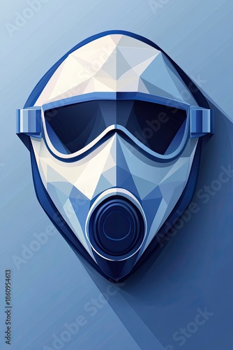 Low-poly, futuristic mask in cool blues, angled shadow