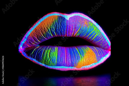 Vibrant Neon Rainbow Lips Close Up on Black Background
