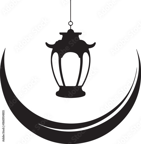 Black and white crescent moon with hanging lantern