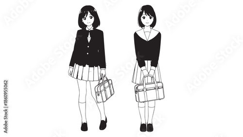 Black and white line art illustration of two smiling Japanese high school girls in school uniform (seifuku) holding school bags, representing youth and education.