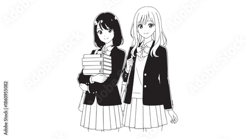 Black and white line art illustration of two smiling female Japanese students in seifuku uniform, one holding a stack of books, representing school life and friendship.