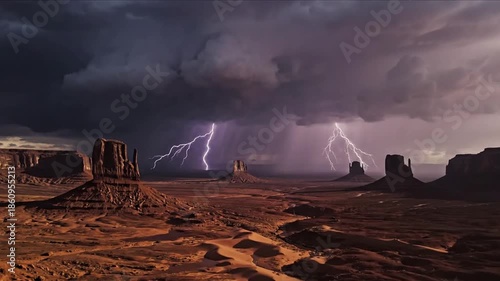 Dramatic landscape shot with lightning illuminating iconic buttes under a stormy sky