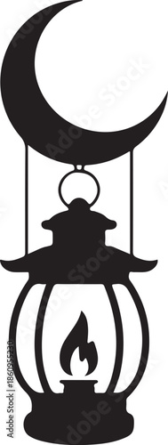 Black and white lantern hanging under crescent moon