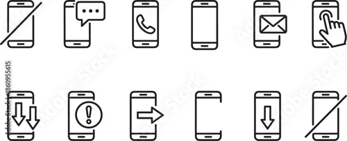 A collection of mobile phone icons in black line art on a with various symbols