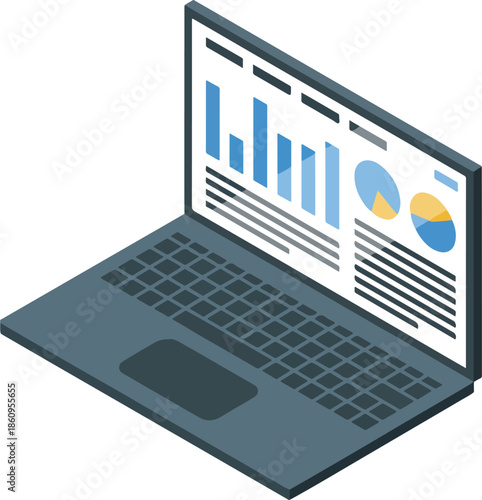 Vector illustration of a laptop with graphs on the screen isolated on