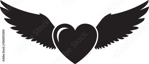 Black silhouette of a heart with spread wings on a white background
