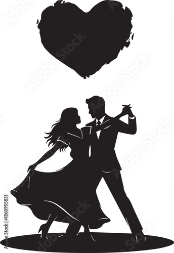 Silhouettes of a couple dancing romantically under a large heart shape