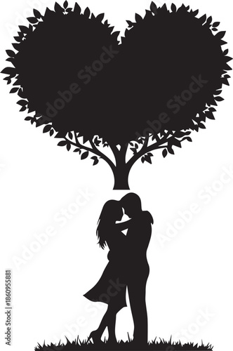 Couple embracing under a heart shaped tree silhouette