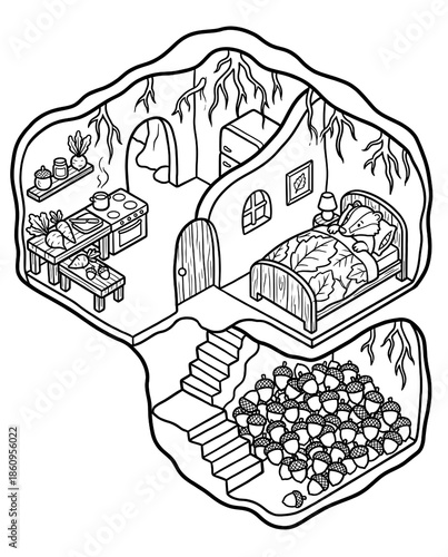 isometric seasonal concept Cozy Fantasy Animal Burrow with Kitchen and Bedroom Illustration relaxation mood for marketing cozy winter lifestyle content