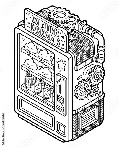isometric seasonal concept Isometric Steampunk Winter Dreams Vending Machine Illustration relaxation mood for marketing cozy winter lifestyle content