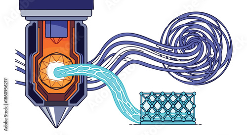 Detailed illustration of a 3D printer nozzle extruding molten material to construct an intricate, futuristic lattice design, symbolizing contemporary additive manufacturing innovation.