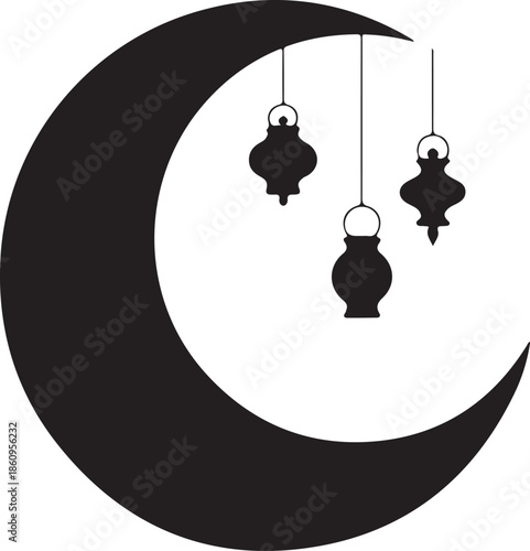 Black crescent moon with hanging lanterns white