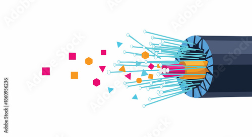 A vibrant illustration showcases the intricate internal structure of a fiber optic cable, symbolizing rapid digital data transmission and high-speed internet connectivity across global networks.