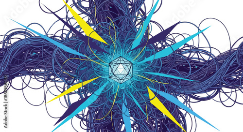 Abstract graphic with a glowing geometric core, surrounded by tangled blue wires and radiating energy, representing complex digital networks.