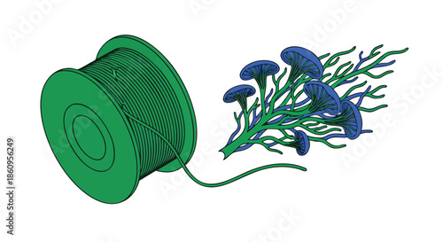 A striking illustration combines a vibrant green spool of thread with an artistic bouquet of stylized blue flora and verdant stems, isolated on white.