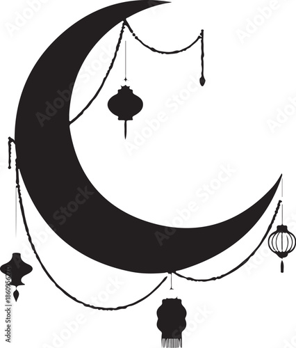 Black crescent moon with hanging lanterns