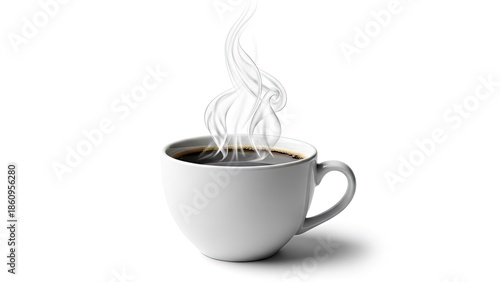 A steaming hot cup of coffee in a white mug on a plain white background with rising vapor